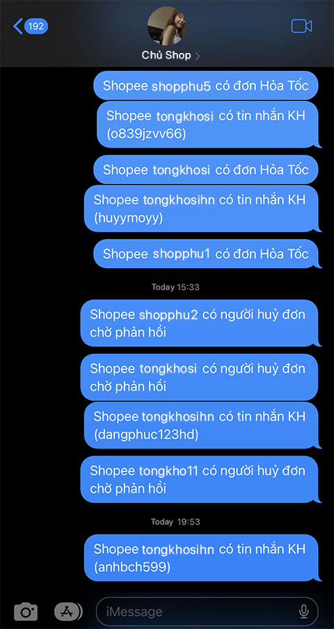 Hình ảnh screenshot iPhone - tin nhắn thông báo gửi từ app Message trên Mac đến iPhone của Chủ Shop